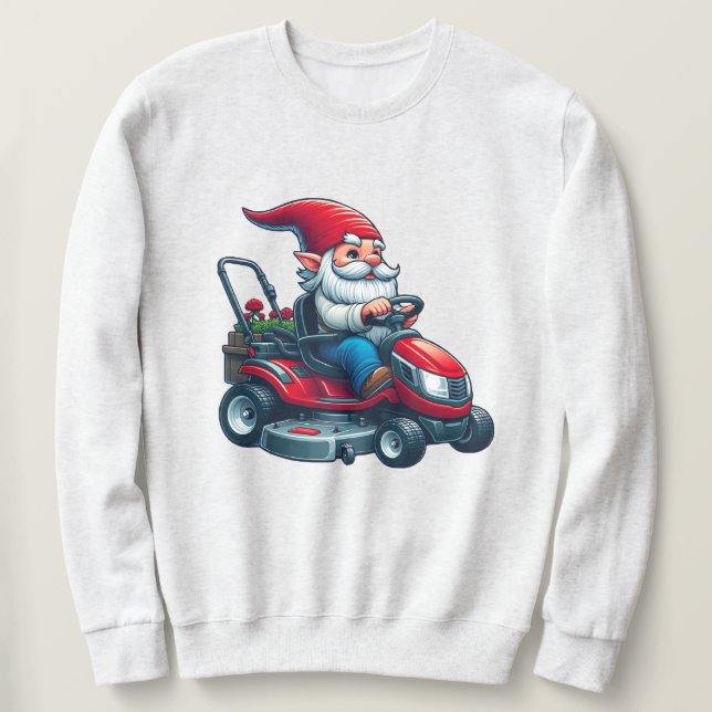 Gnome auf dem Rasenmäher mit Blume-Korb Sweatshirt (Design vorne)