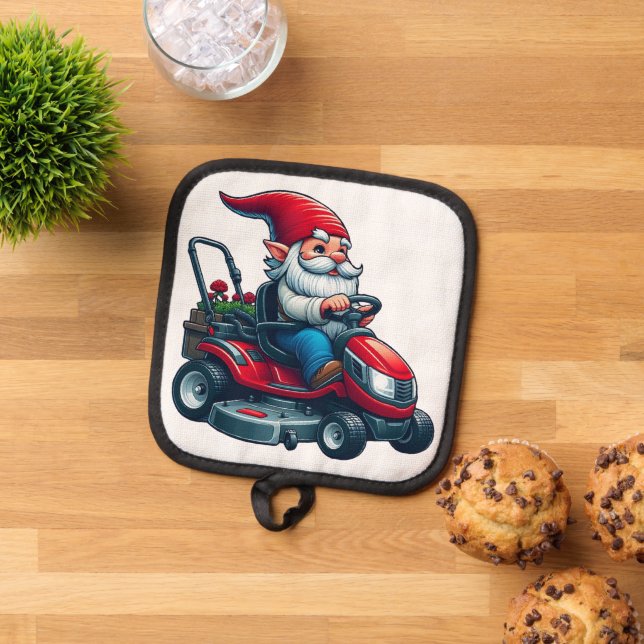 Gnome auf dem Rasenmäher mit Blume-Korb Topflappen (Oben Unten)