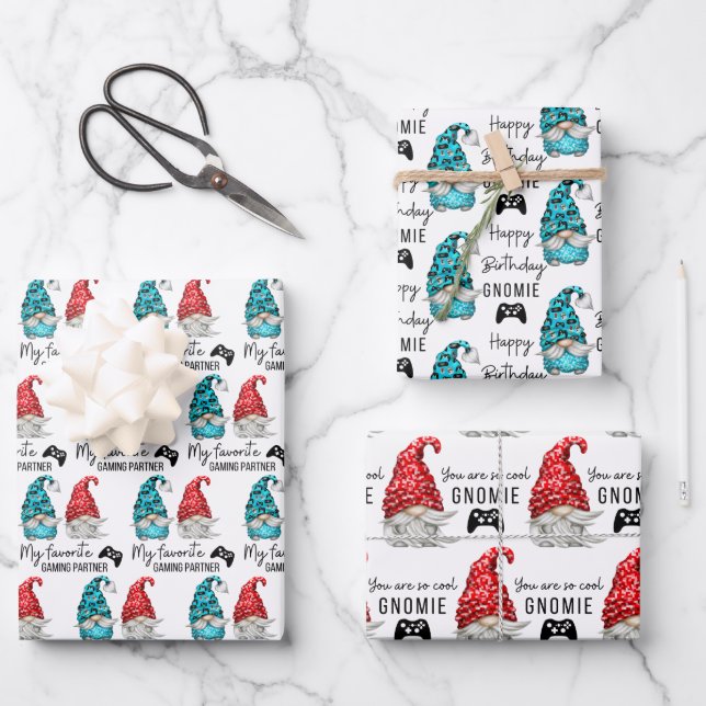 Gnome Birthday Wrapping Paper Flat Sheet Set 3 Geschenkpapier Set (Vorderseite)