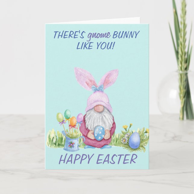 Gnome Bunny Happy Oaster Watercolor Karte (Vorderseite)