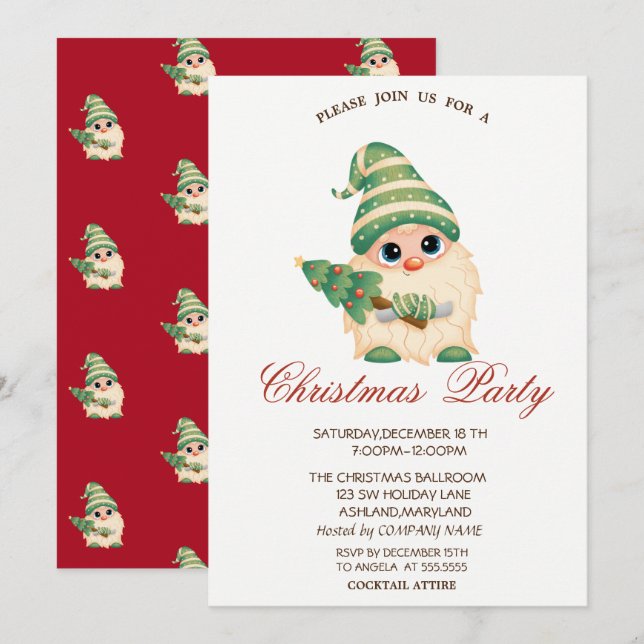 Gnome Christmas Tree Red Company Weihnachts-Party Einladung (Vorne/Hinten)
