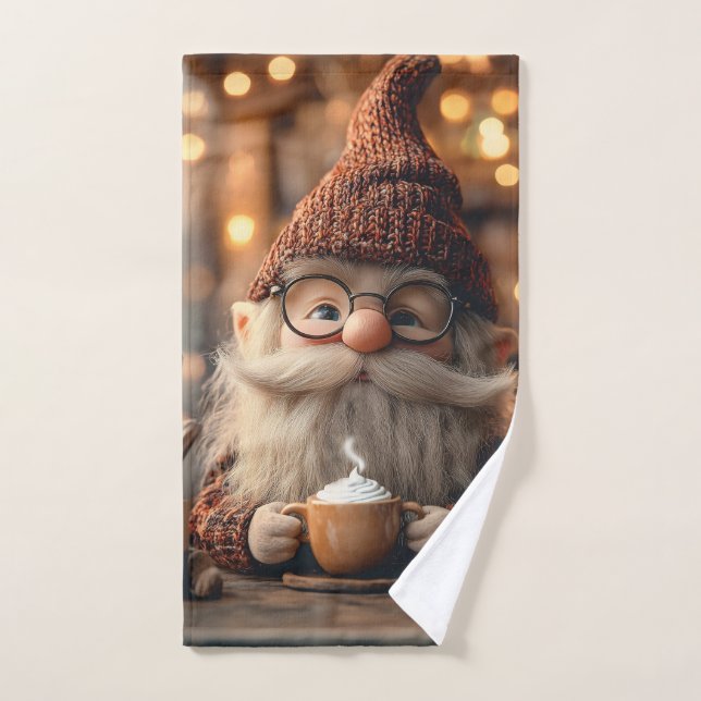 Gnome confortable jouissant d'une coupe de cacao c (Serviette à main)