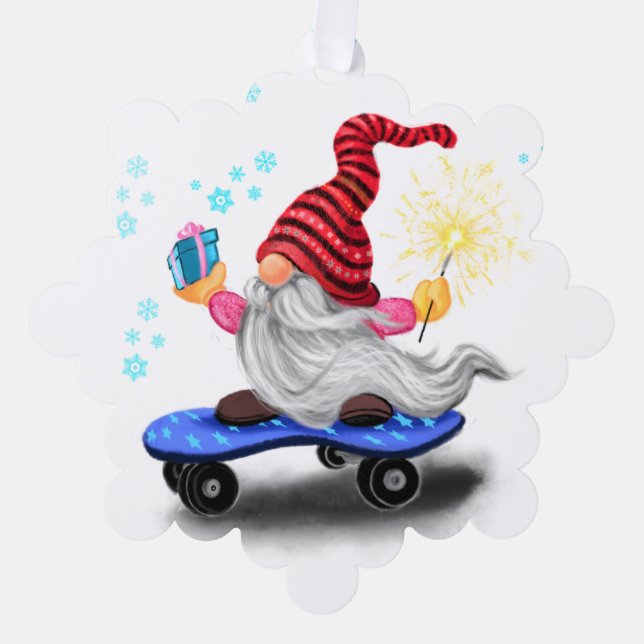 Gnome de patinage avec cadeaux Carte d'ornement de (Recto)