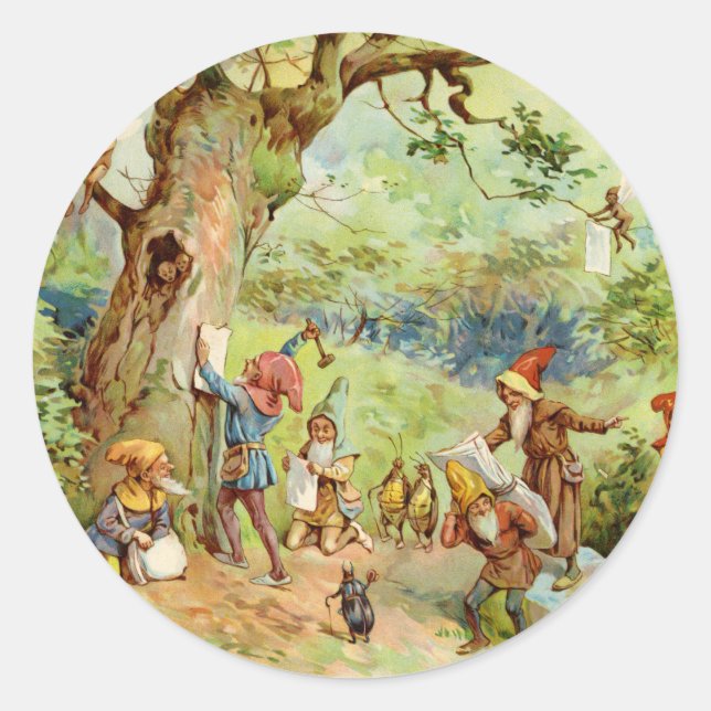 Gnome, Elfen und Fairies im magischen Wald Runder Aufkleber (Vorderseite)