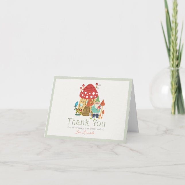 Gnome Garden Mushroom Green Boy Baby Dusche Dankeskarte (Vorderseite)