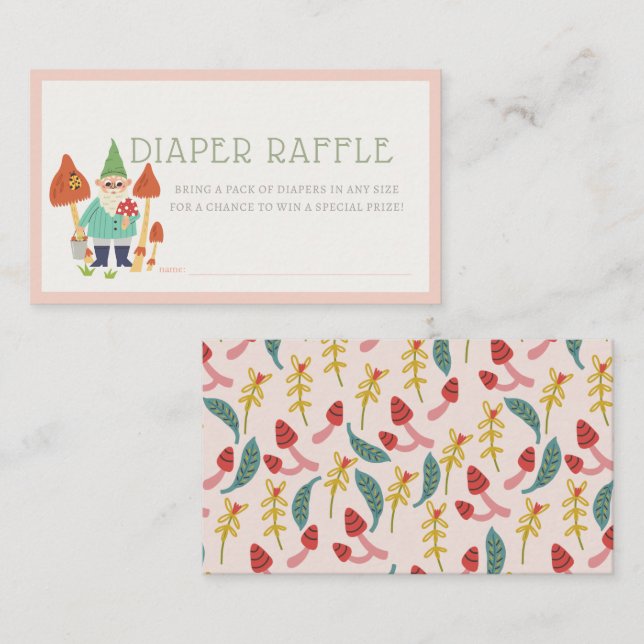 Gnome Garden Mushroom Pink Diaper Raffel Ticket Begleitkarte (Vorne/Hinten)