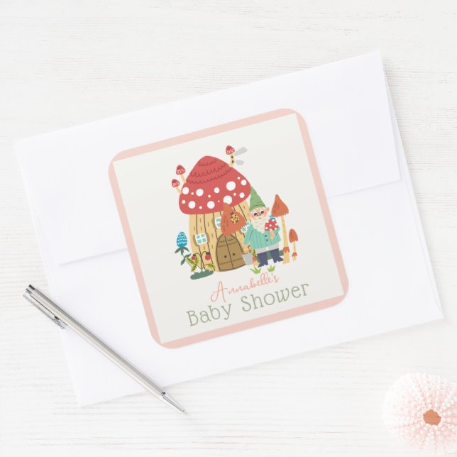 Gnome Garden Mushroom Pink Girl Babydusche Quadratischer Aufkleber (Umschlag)
