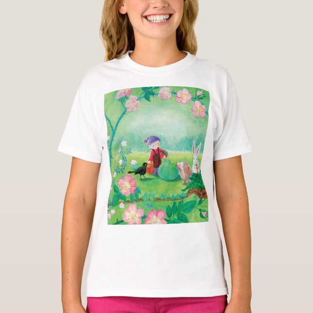 Gnome-Gärtner, Blackbird, Igel und Weißer Kaninche T-Shirt (Vorderseite)