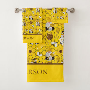 Gnome Gelbe Sonnenblumen Bienen Honig Monogramm Badhandtuch Set