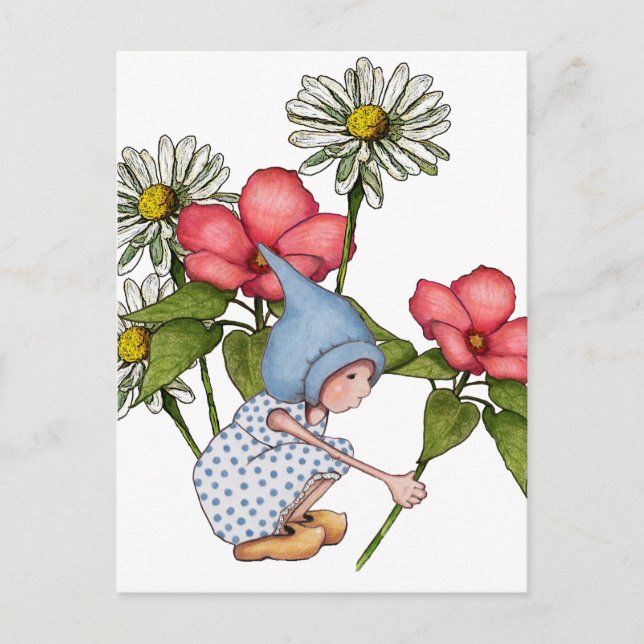 Gnome Girl Picking Blume, Fanstasy Art Postkarte (Vorderseite)