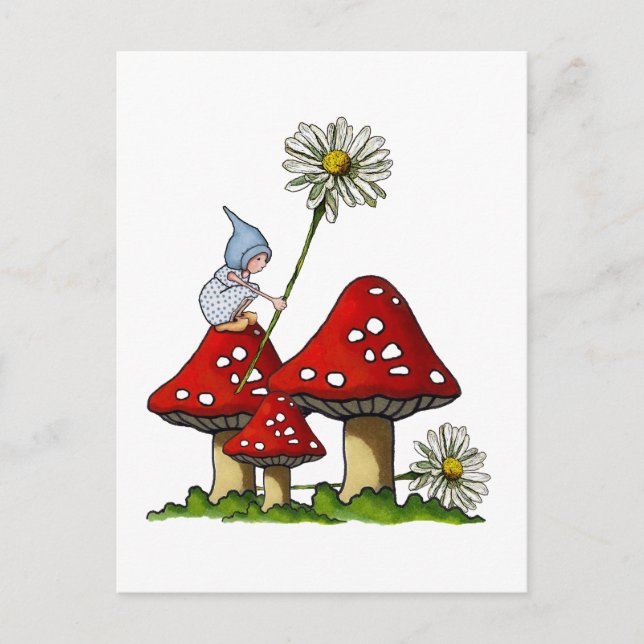 Gnome Girl, Toadstool, Daisies, Fanstasy Art Postkarte (Vorderseite)
