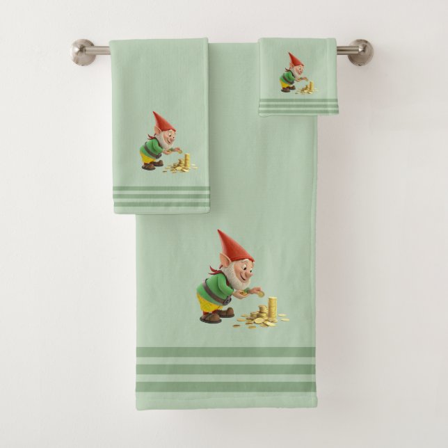 Gnome & Gold, Three Stripes on Light Laurel Green  Badhandtuch Set (Insitu)