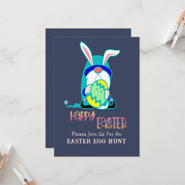 Gnome Happy Oaster Egg Hunt Einladung (Vorderseite/Rückseite Beispiel)