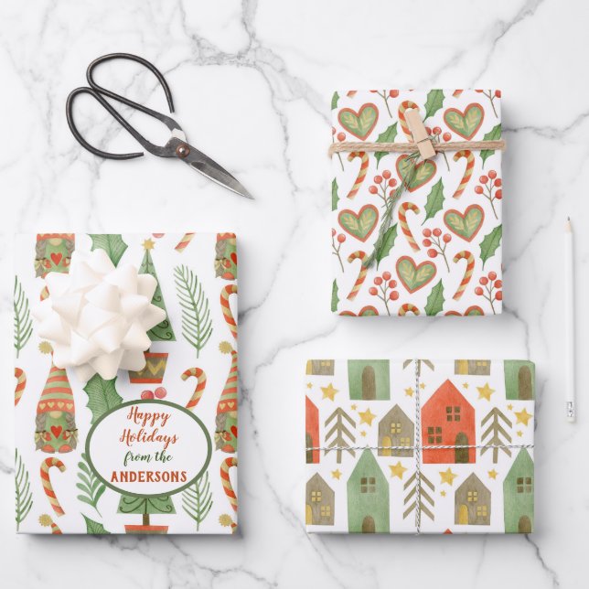 Gnome Heart Village Weihnachtsmuster Geschenkpapier Set (Vorderseite)