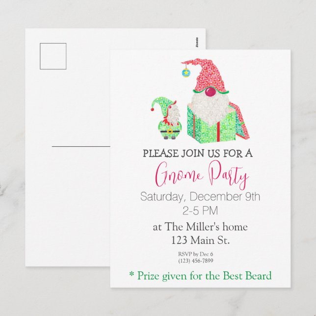 Gnome Holiday Party Einladung Postkarte (Vorne/Hinten)