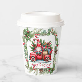 Gnome in rotem LKW gefüllt mit Geschenken Pappbecher