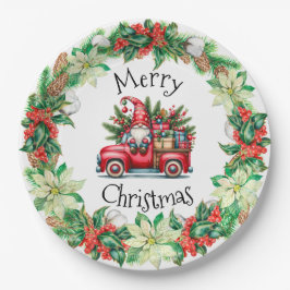 Gnome in rotem LKW gefüllt mit Geschenken Pappteller