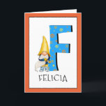Gnome Kids Letter F Name and Age Birthday Gruß Karte<br><div class="desc">Klicken Sie auf "Anpassen", um die Randfarbe zu ändern. Wenn Sie den Namen und das Alter eines Geburtstagsmädchens oder eines Jungen zu unserer Monogrammkarte hinzufügen, erstellen Sie einen einmaligen, speziell für Kinder gestalteten Geburtstagsgruß. Neben dem großen blauen Buchstaben mit gelben und orangefarbenen Sternen und Spiralen zu stecken ist eines unserer...</div>