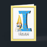 Gnome Kids Letter I Name and Age Birthday Gruß Karte<br><div class="desc">Klicken Sie auf "Anpassen", um die Randfarbe zu ändern. Wenn Sie den Namen und das Alter eines Geburtstagsmädchens oder eines Jungen zu unserer Monogrammkarte hinzufügen, erstellen Sie einen einmaligen, speziell für Kinder gestalteten Geburtstagsgruß. Neben dem großen blauen Buchstaben mit gelben und orangefarbenen Sternen und Spiralen zu stecken ist eines unserer...</div>