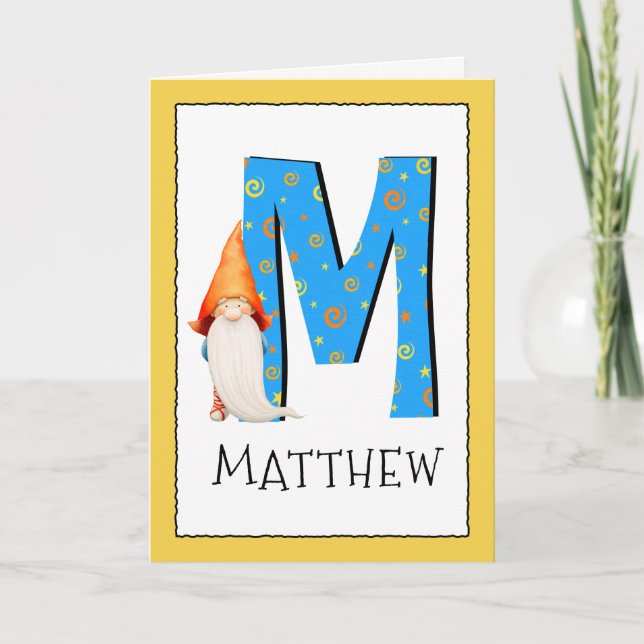 Gnome Kids Letter M Name and Age Birthday Gruß Karte (Vorderseite)