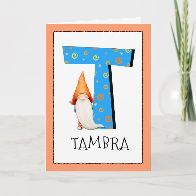 Gnome Kids Letter T Name and Age Birthday Gruß Karte (Vorderseite)