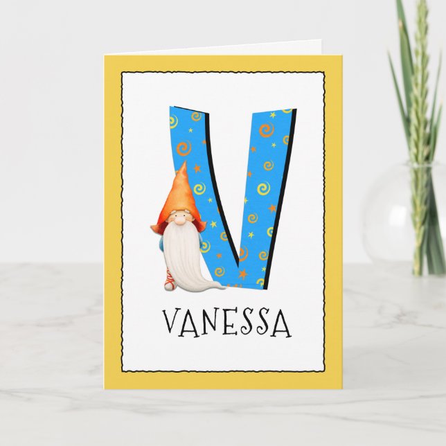 Gnome Kids Letter V Name and Age Birthday Gruß Karte (Vorderseite)