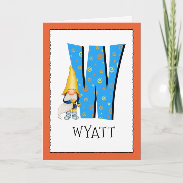 Gnome Kids Letter W Name and Age Birthday Gruß Karte (Vorderseite)