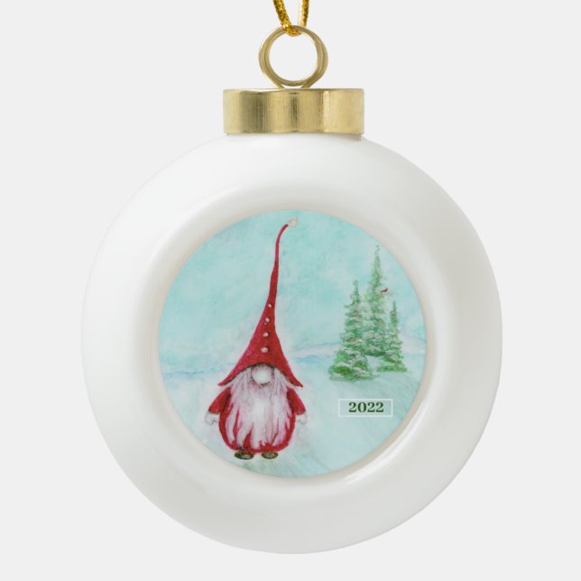 Gnome Künstlerisch Holiday Keramik Ornament (Vorderseite)