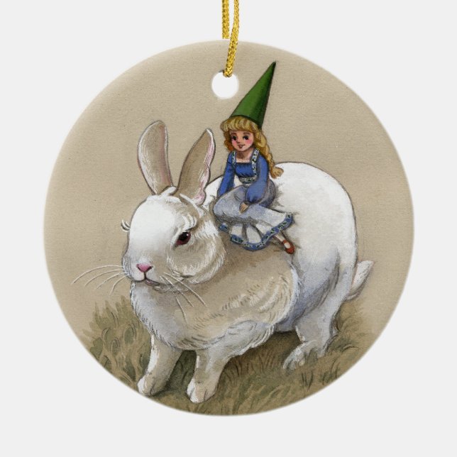 Gnome Lady und Weiße Kaninchendekoration Keramikornament (Vorne)