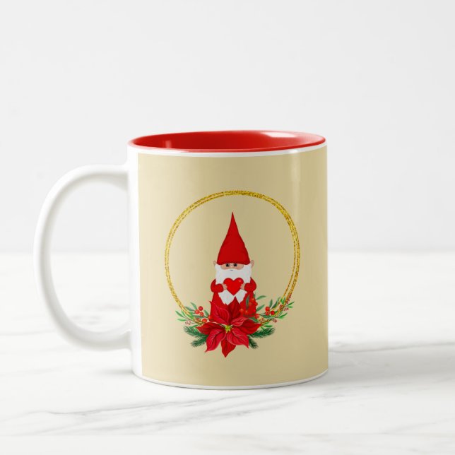 Gnome mignonne et couronne de Noël sur Mug beige c (Gauche)