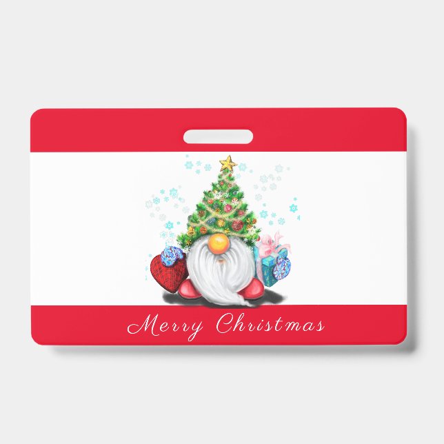 Gnome mit Geschenk Weihnachts-Party-Abzeichen Ausweis (Vorderseite)