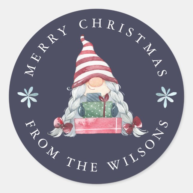 Gnome mit Geschenken Frohe Weihnachten Runder Aufkleber (Vorderseite)