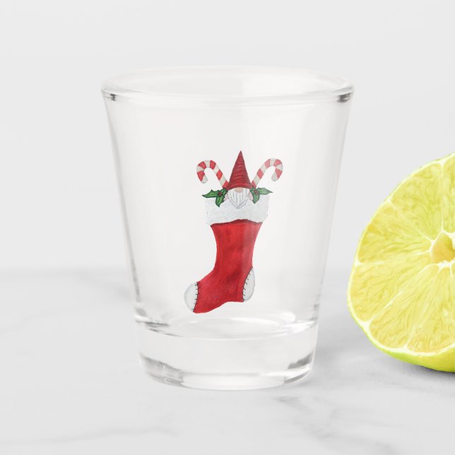 Gnome mit Hut in Red White Christmas Strumpf Schnapsglas (Vorderseite)