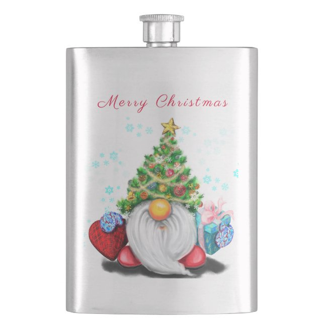 Gnome mit Weihnachtsbaumhut und Geschenkflasche Flachmann (Vorderseite)