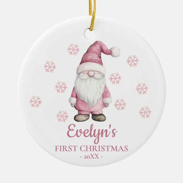 Gnome Personalized Girl's First Christmas Keramik Ornament (Vorne)