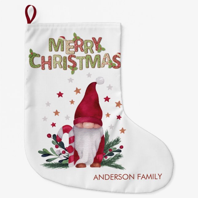 Gnome Pine Tree Branches Stars Frohe Weihnachten Großer Weihnachtsstrumpf (Vorderseite)