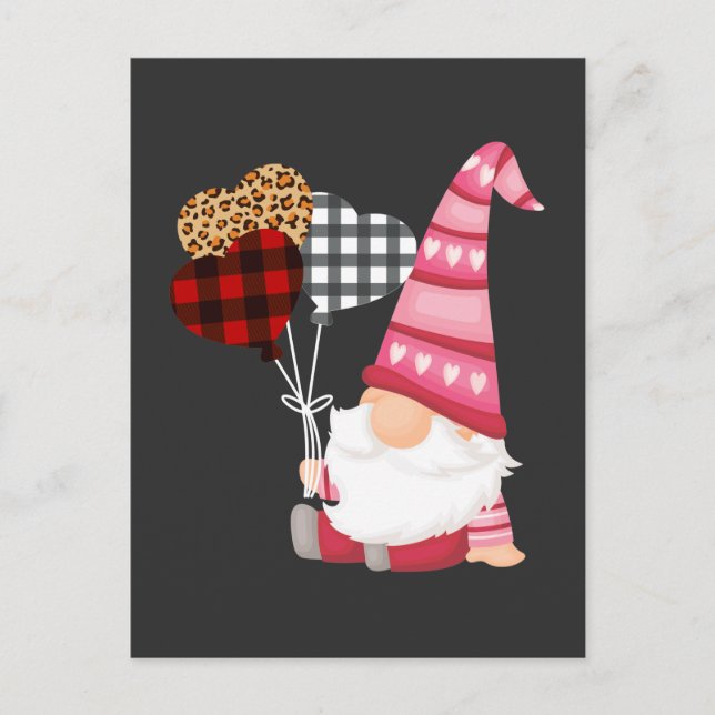 Gnome Red Black Leopard Balloon Valentinstag Postkarte (Vorderseite)