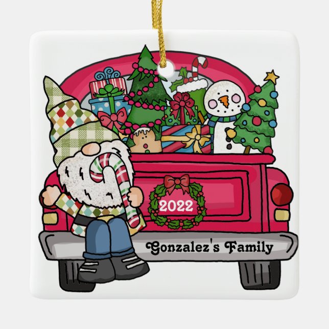 Gnome Red Truck personalisiert Keramikornament (Vorderseite)