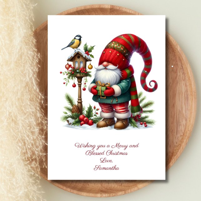 Gnome Santa Claus Carte de Noël d'hiver (Gnome Santa Clause Winter Bird Christmas Holiday Card. Personalize your message)