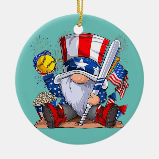 Gnome Softball 4. Juli Patriotische Gnomes Keramik Ornament (Vorne)