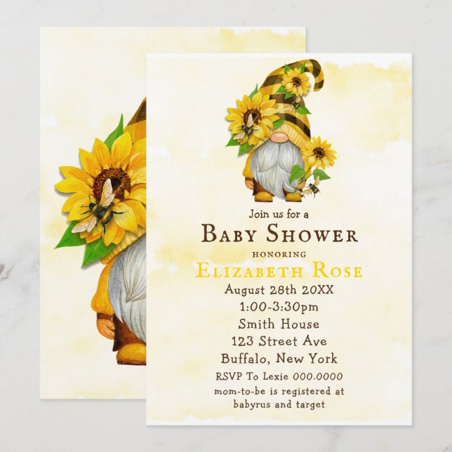 Gnome Sonnenblumen Bienen Kinderdusche Einladungen (Vorne/Hinten)