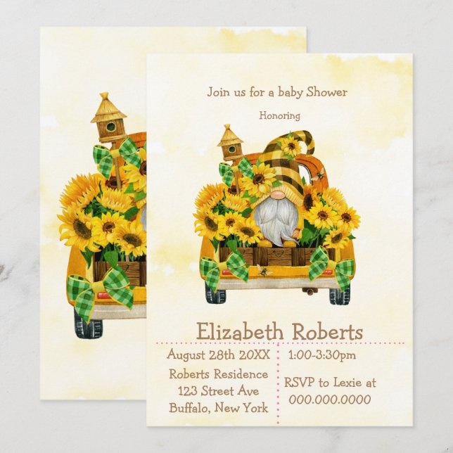 Gnome Sunflower Bees Baby Shower Invitations (Devant / Derrière)