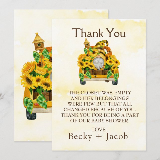Gnome Sunflower Bees Baby shower Merci Cartes (Devant / Derrière)