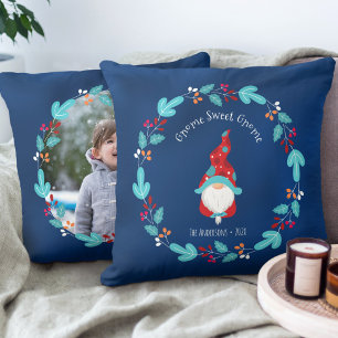 Gnome Sweet Gnome Elf Blue Floral Wreath Foto Kissen