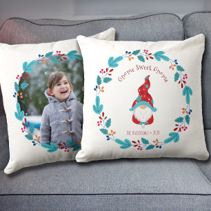 Gnome Sweet Gnome Niedlich Elf Floral Wreath Foto Kissen