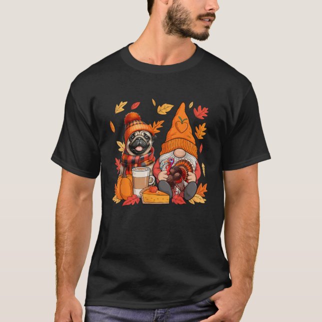 Gnome Turkey Mops Erntedank Eigentümer Herbstlaub  T-Shirt (Vorderseite)