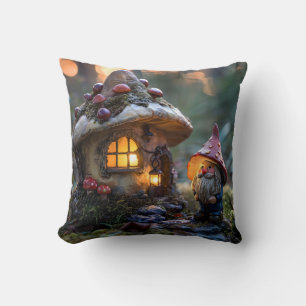 Gnome und ein Pilzhaus, Fantasy Design Kissen
