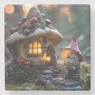 Gnome und ein Pilzhaus, Fantasy Design Steinuntersetzer