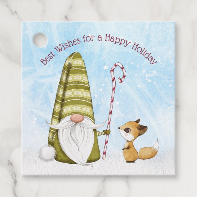 Gnome und Fox Best Wishs Happy Holiday Custom Geschenkanhänger (Vorderseite)