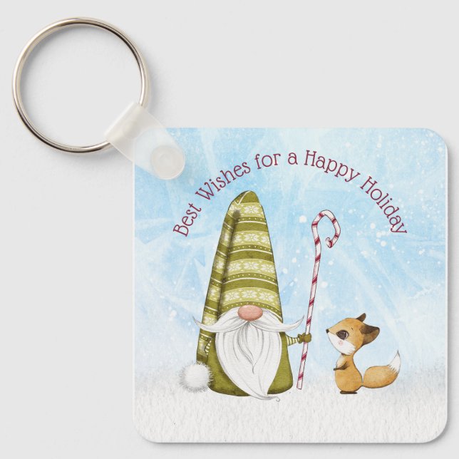 Gnome und Fox Best Wishs Happy Holiday Custom Schlüsselanhänger (Vorderseite)